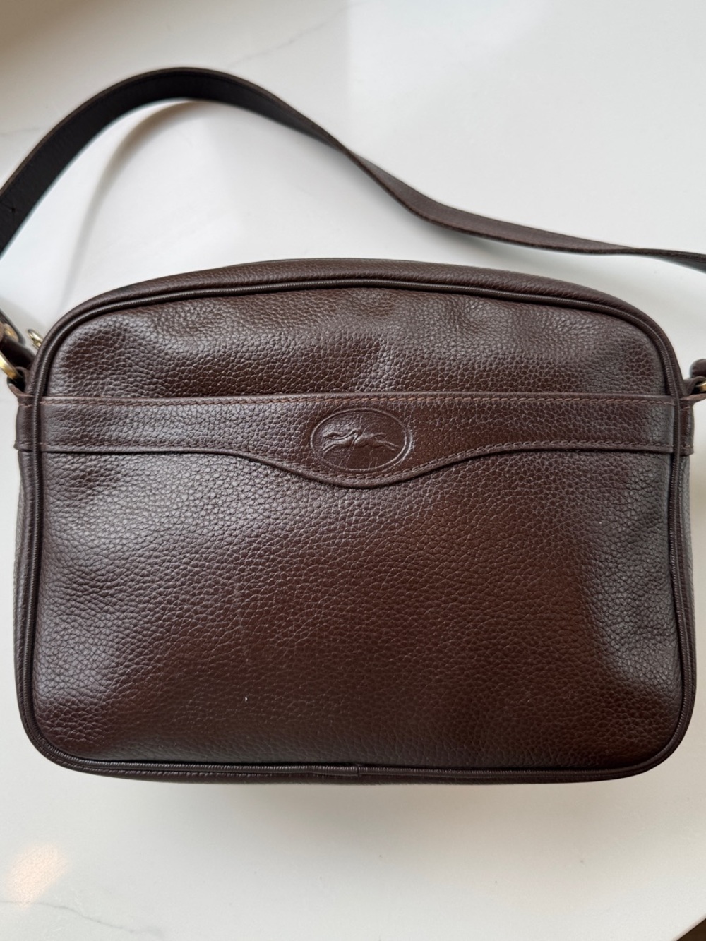 Longchamp Brown Pebbled Leather Messenger Bag